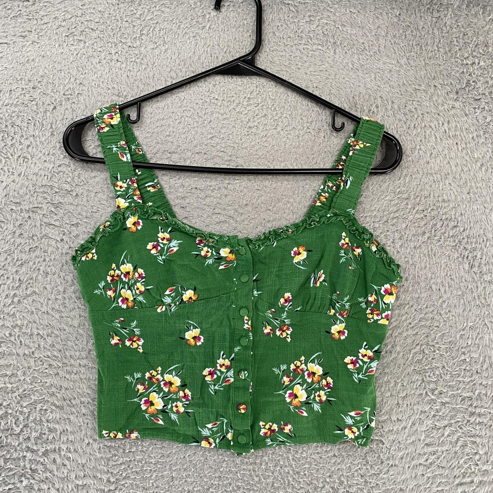 Cottagecore Babydoll Crop Top Womens Small Green Floral Y2K Smocked Summer